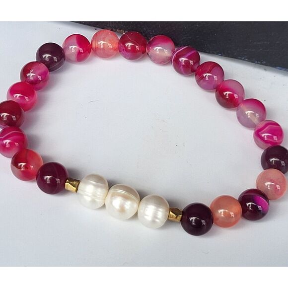 Pink Magenta Striped Agate Anxiety Calming Bracelet with Pearls 8" - Picture 1 of 3